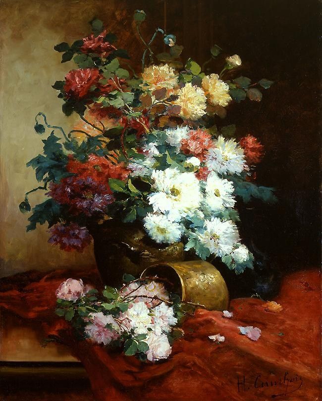 Eugene Henri Cauchois Roses and Dahlias